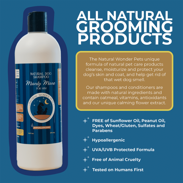 manly mane natural dog shampoo infographic with features and benefits