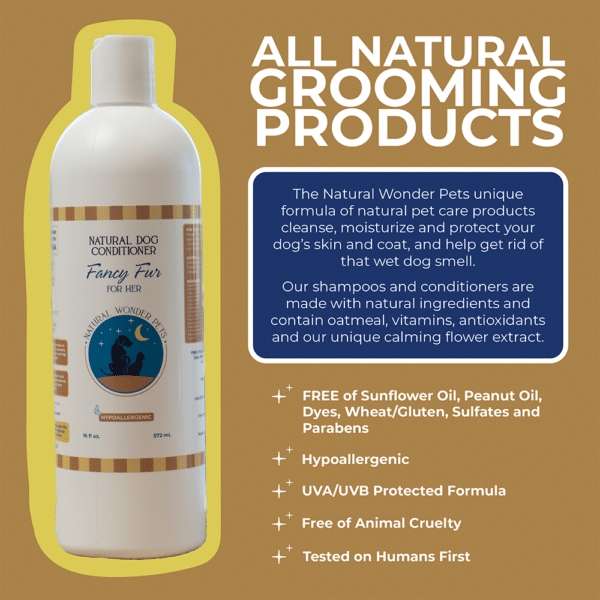 fancy fur natural dog conditioner infographic with features and benefits