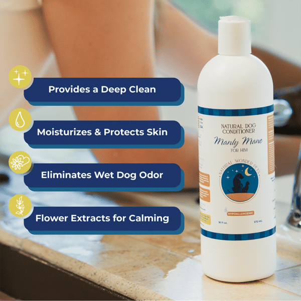 natural wonder pets manly mane conditioner product benefits infographic