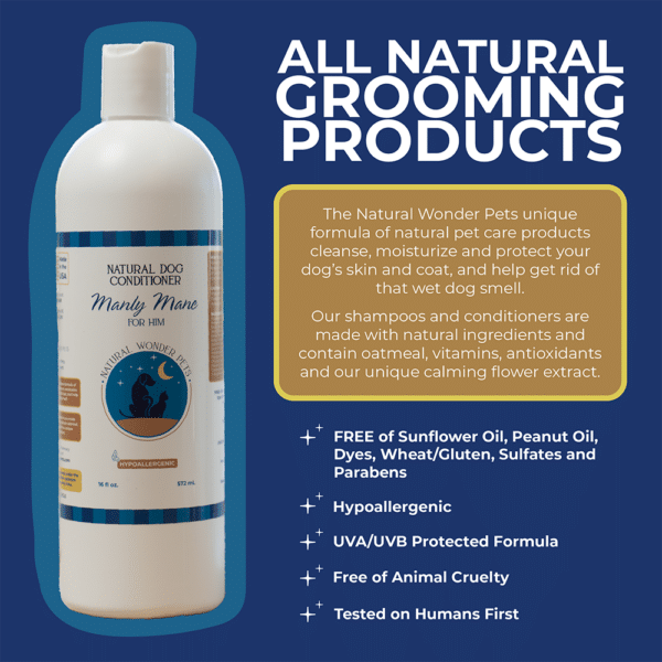 manly mane natural dog conditioner infographic with features and benefits